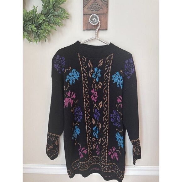 Dana Scott Sweaters - Vintage Dana Scott Womens Size M Black Sparkly Floral Tunic Sweater Mock Neck